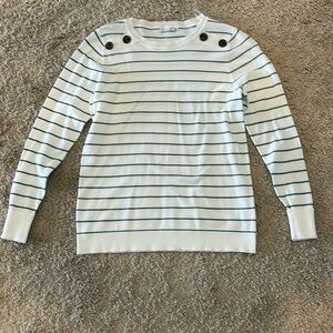 White and teal striped sweater